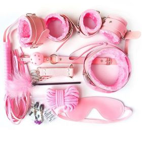 SM Bondage Restraint Set Sex Handcuffs Whip Anal Beads Butt Plug Anal Plug Bullet Vibrator Sex Toys for Woman Adult S&M Fetish (Color: PU-Pink-10pcs)